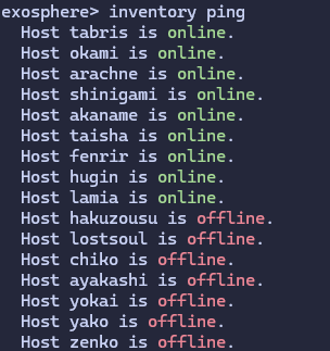 Example output of `exosphere inventory ping`